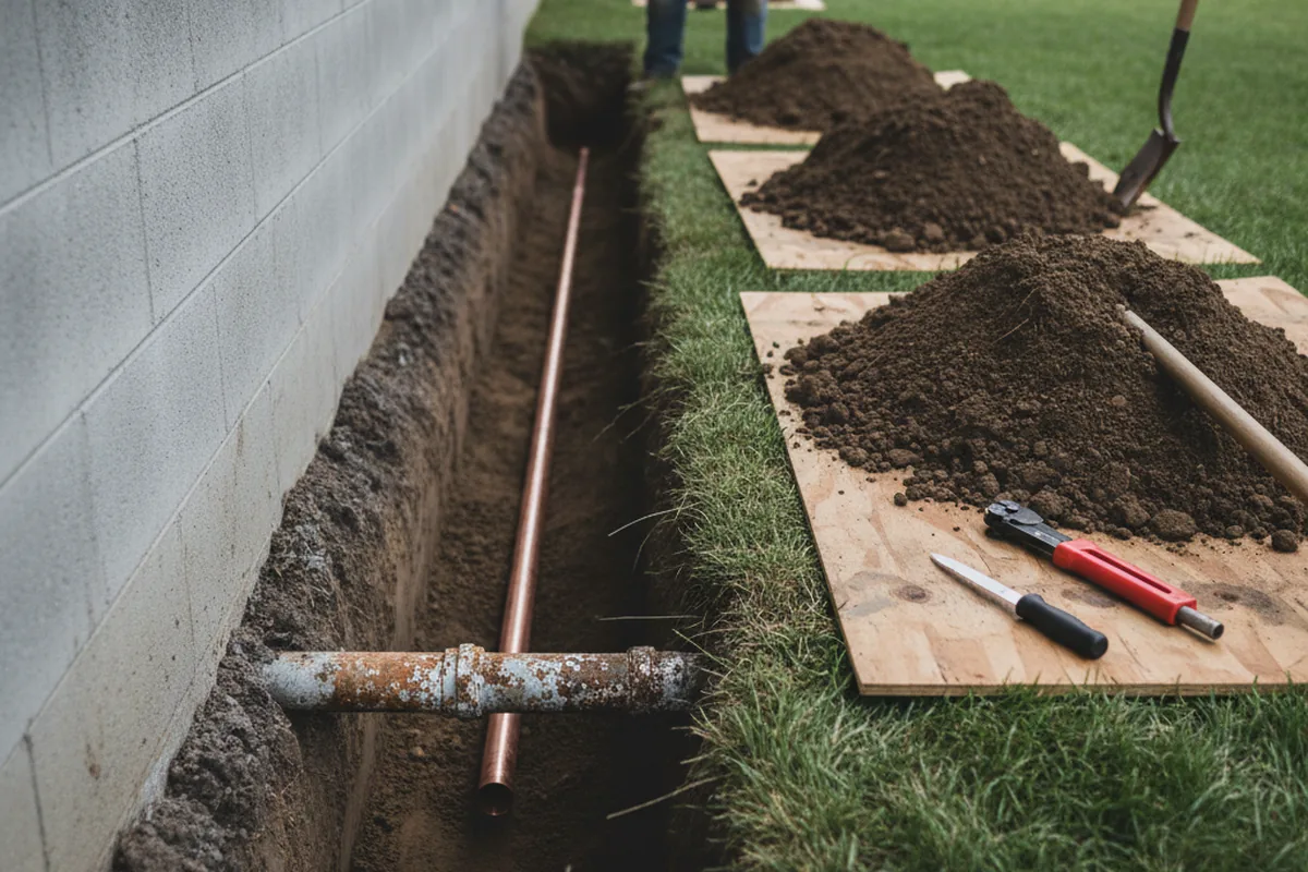 Excavated water line trench during Sewer Line Repair in Cadwell